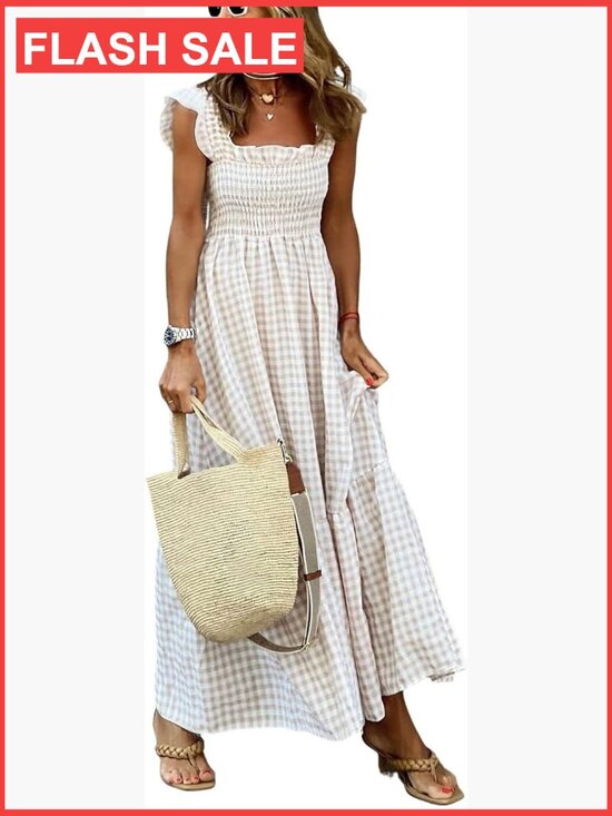 Dresses & Skirts - Retro Plaid Smocked Dress Spaghetti Strap Flounce Long Dress